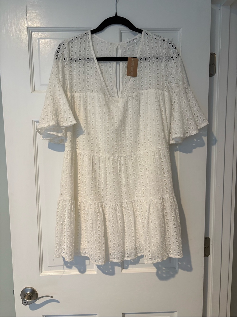 vestique White Eyelet Tiered V-Neck Mini Dress NWT
